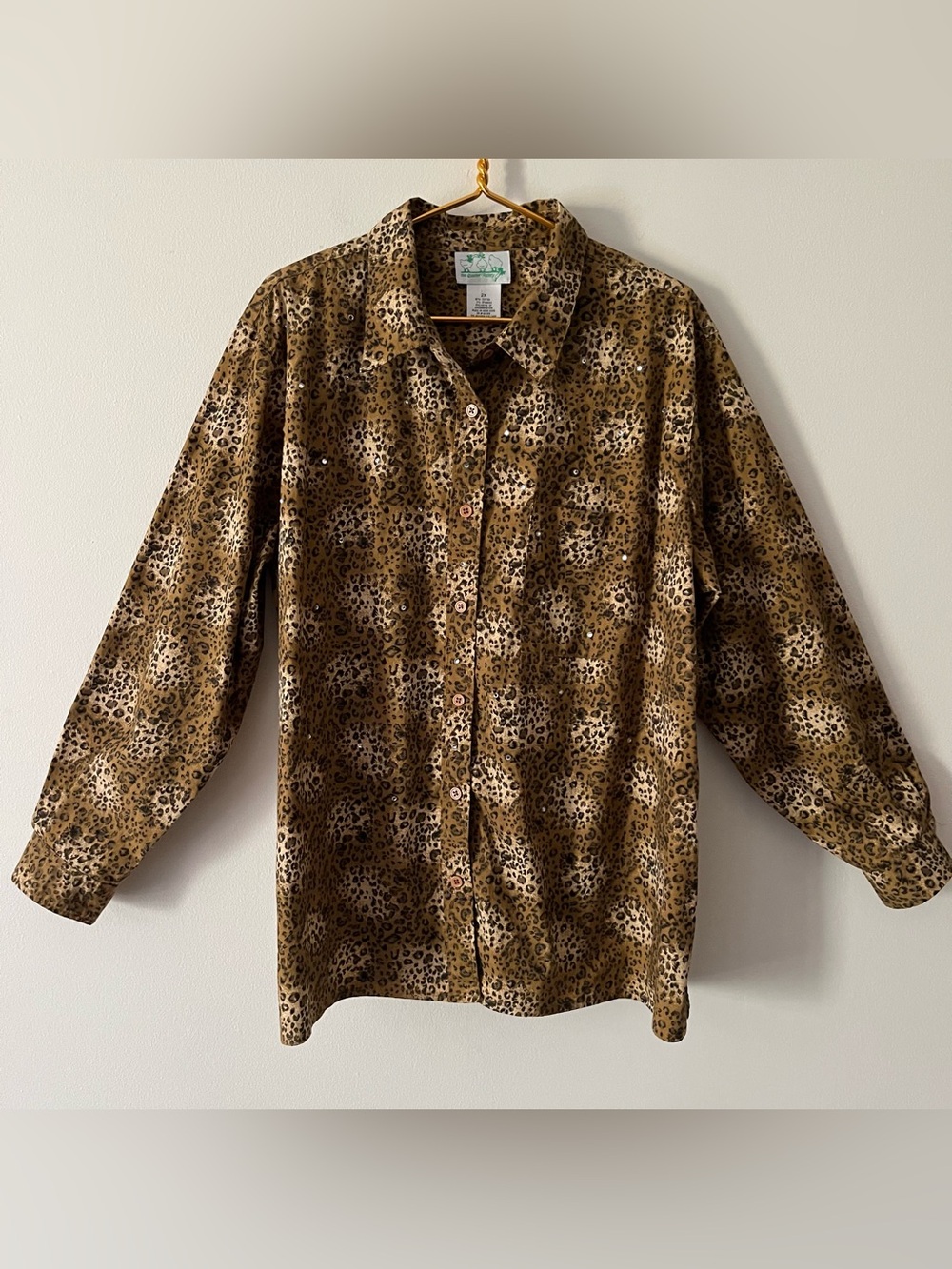 Vintage Quacker Factory Brown Tan Black Leopard Animal Print Button Up Shirt 2X